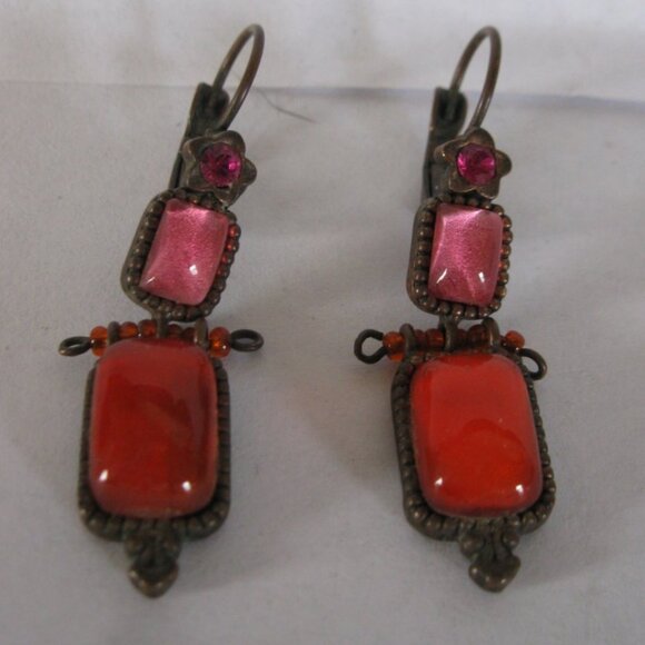 vintage pair of Satellite Earrings - Red & Pink rectangle stones, nice set - Picture 1 of 2